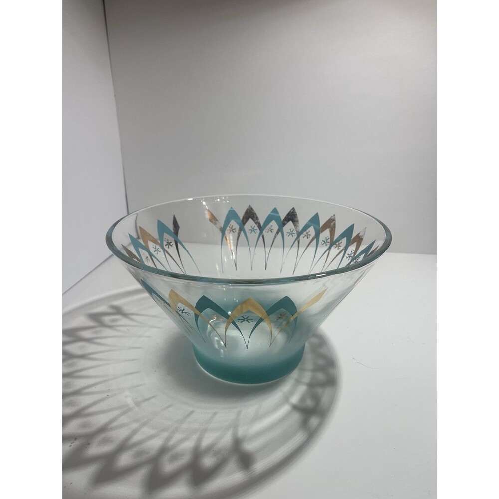 Vintage Mid-Century Atomic Happy Hour Punch Bowl-Anchor Hocking Turquoise/Gold